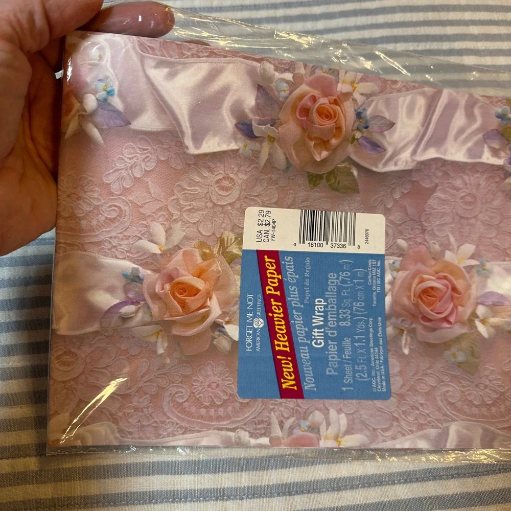 Vintage American Greetings Forget Me Not‎ Pink Lace Rose Floral Gift Wrap Sheet